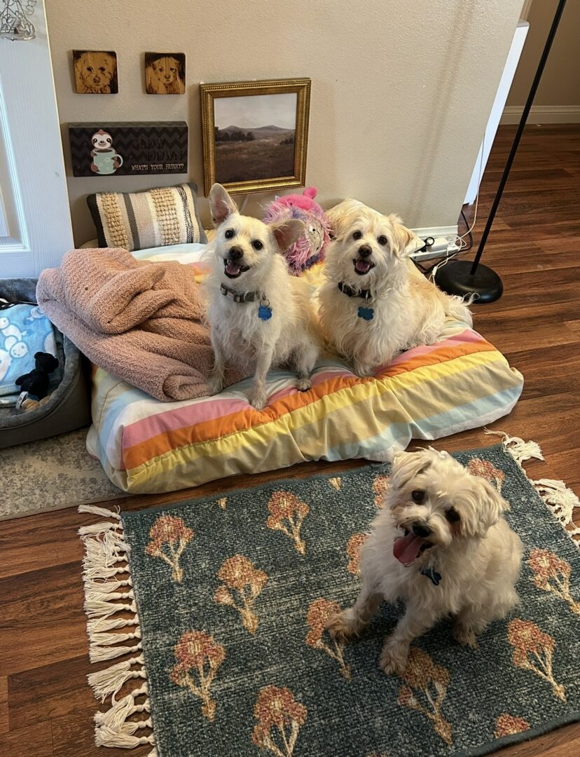 Three dogs posing indoors with a cozy and colorful setting.